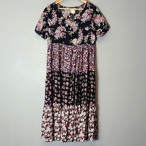 Floral Tiered Midi Dress in Black and Pink